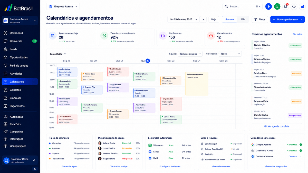 Calendário de agendamento online da BotBrasil com horários disponíveis e confirmação automática — BotBrasil para lojas físicas (moda, joias, calçados)