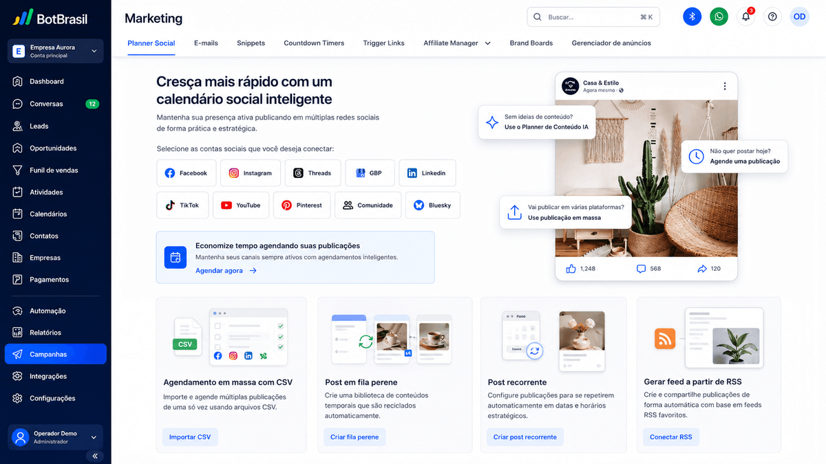 Painel de marketing da BotBrasil com gestão de redes sociais, campanhas e relatórios de conversão — BotBrasil para marketing e white label