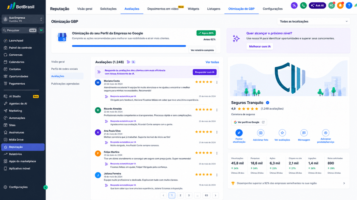 Painel de reputação online da BotBrasil com avaliações do Google, NPS e respostas automáticas — BotBrasil para marketing e white label